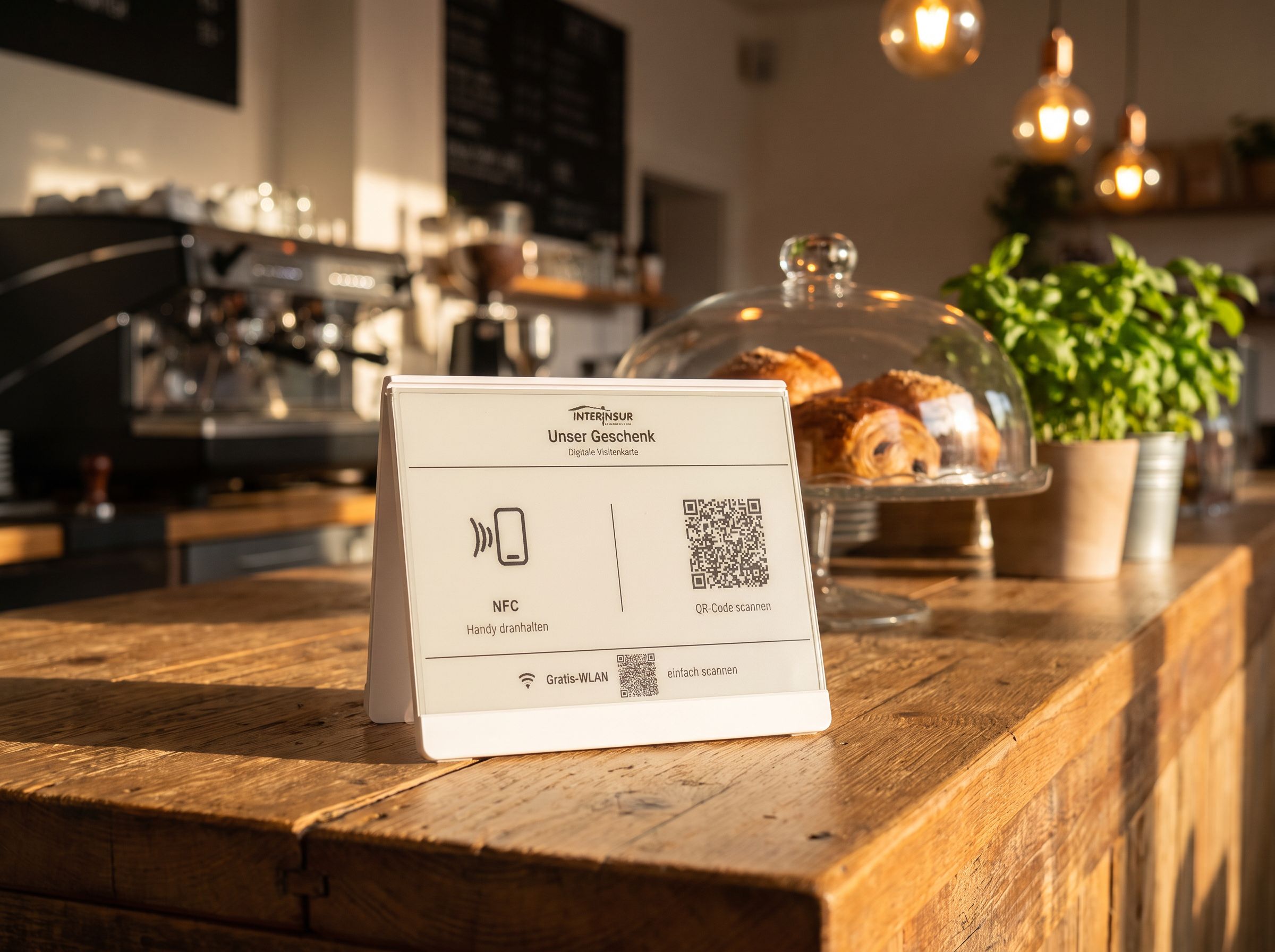 Das Landingdisplay auf dem Holztresen eines gemütlichen Cafés, im Hintergrund Espressomaschine und Gebäck